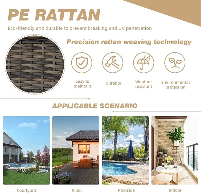 EROMMY 5 Pieces Outdoor Swivel Rocker Patio Chairs, 360 Degree Rocking Patio Conversation Set with Thickened Cushions, Glass Coffee Table and Ottomans for Backyard, Khaki