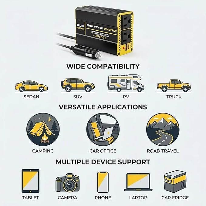 300W Car Power Inverter, DC 12V to 110V AC Car Plug Adapter, 30W USB-C &18W USB-A Fast Charging with AC Power Outlet, Car Cigarette Lighter Adapter, Portable Car Charger for Laptop on Road Trip