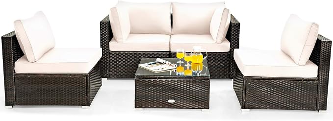 COSTWAY 5-Piece Outdoor Patio Furniture Set, PE Rattan Sofa Chairs with Cushions and Tempered Glass Coffee Table, Conversation Sofa Set for Backyard Garden (White)