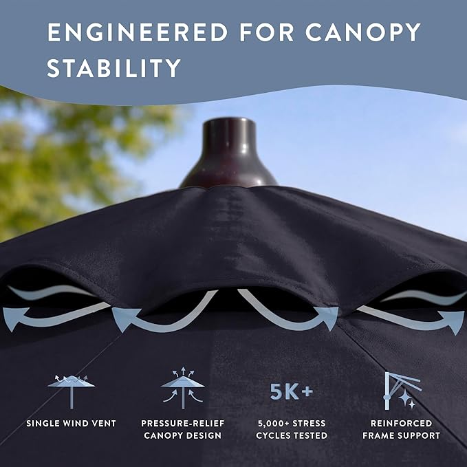 California Umbrella 10-Year Protection 9 Ft Outdoor Patio Umbrella, Pacifica Fade-Resistant Fabric, Auto-Tilt, Heavy Duty Aluminum Frame, 8 Reinforced Ribs for Pool or Deck, Bronze Pole, Navy Blue