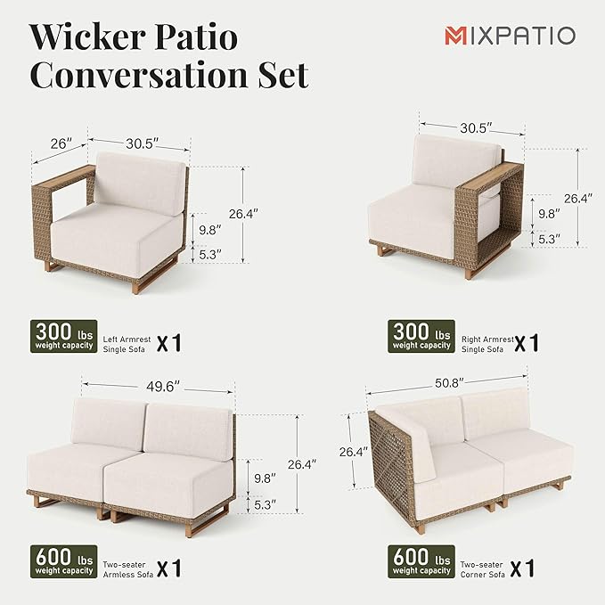 Outdoor Patio Furniture Set, 6 Piece Sectional Rattan Wicker Sofa Couch, Outdoor Conversation Sets with 10" Extra Thick Cushions for Deck Backyard Lawn