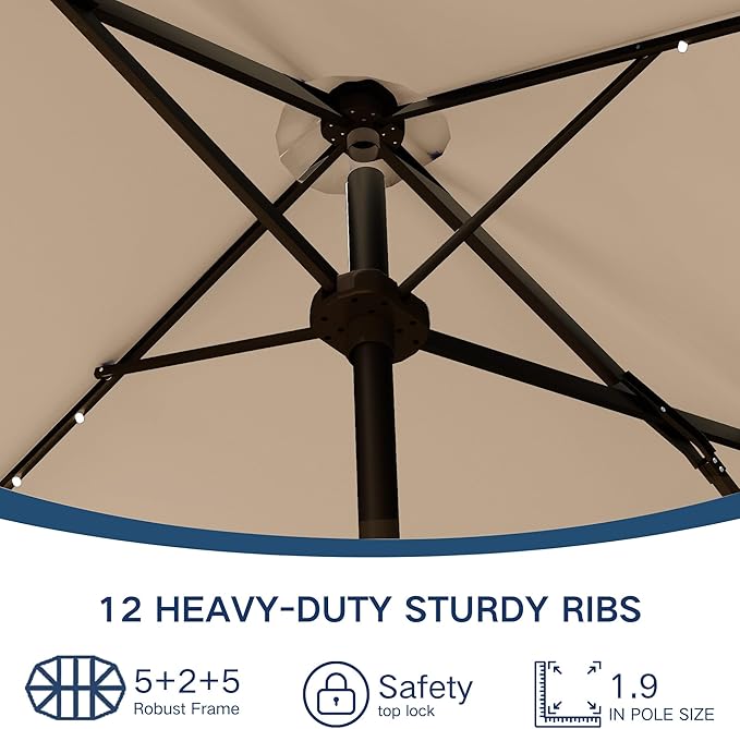 Large Patio Umbrella with Solar Lights and Base, Double-Sided Outdoor Rectangle Umbrella with 48 LED Lights, Market Table Umbrellas with UV Resistant Canopy