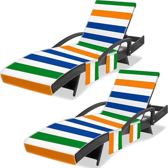 2-Pack Lounge Towel Cover with 3 Pockets, Chaise Durable Horizontal Striped Cover for Pool, Beach, Garden & Outdoor Use, 85x30 Inch, Blue Green Orange Design