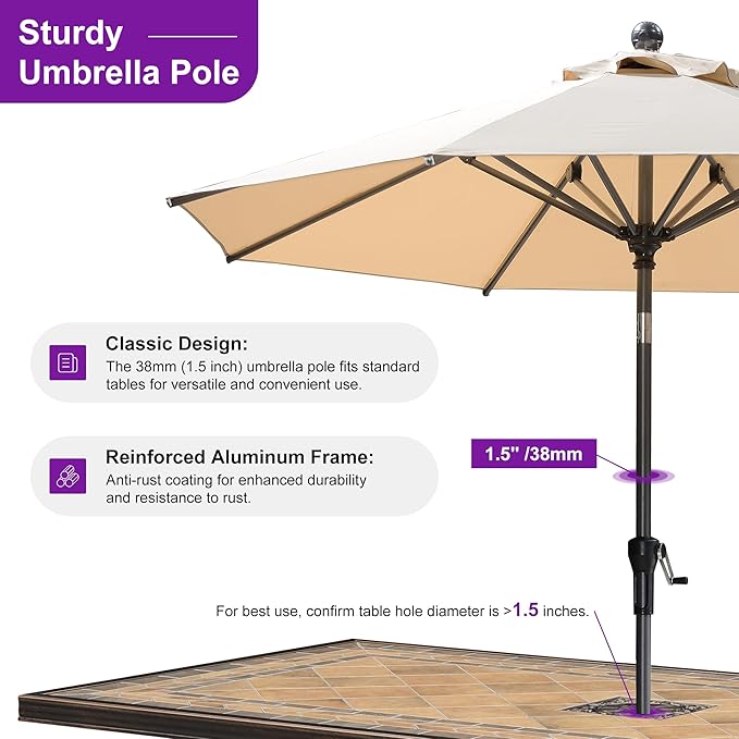 PURPLE LEAF 9' Round Patio Market Umbrella with Base Outdoor Table Umbrellas Aluminum Frame Sun Shade with 8 Sturdy Ribs Tilt for Garden Deck Lawn Pool Beige