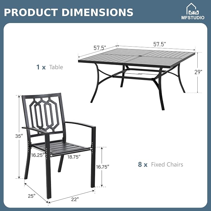 MFSTUDIO Outdoor Dining Set for 8, Metal Patio Table and Chairs Set, Patio Dning Set with Umbrella Hole, 9 Piece Outdoor Patio Furniture Set for Deck Backyard Poolside Garden