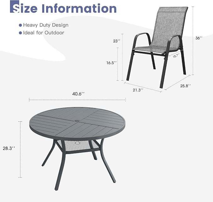 VICLLAX Round Outdoor Patio Dining Set for 4, Metal Slatted Patio Table with Umbrella Hole and 4 Stackable Patio Chairs for Deck Lawn Garden, Grey Fabric and Dark Grey Tabletop