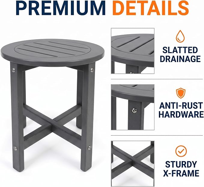 GDFStudio HDPE Outdoor Side Table, Small Patio End Table, All-Weather Round Accent Table for Porch Balcony Deck Poolside, Gray