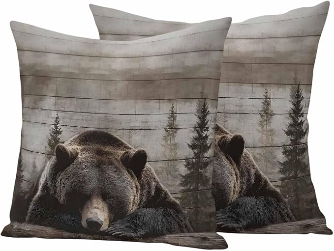 Sleeping Bear Outdoor Pillow Covers 20"x20" Set of 2, Animal Forest Rustic Planks Waterproof Throw Pillow Covers for Patio Furniture, Decorative Cushion Covers for Porch