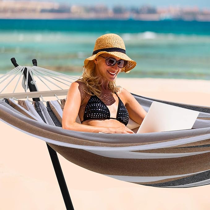 2 Person Adjustable Hammock with 10FT Heavy Duty Steel Stand and Spreader Bars, 550lbs Capacity,Included Portable Carrying Case for Indoor Outdoor
