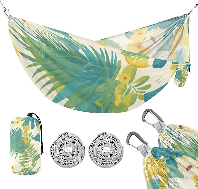 Tropical Style Yellow Flowers Green Leaves Outdoor Hammock with Tree Straps Hanging Hammock for Indoor Outdoor Patio