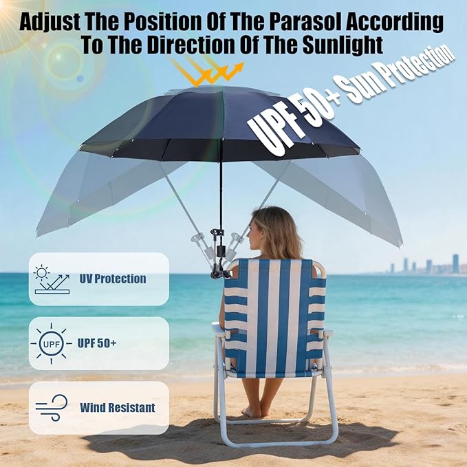 Beach Umbrella 360 ° Adjustable Clip On Beach Chair Umbrella UPF 50+ UV Protection Outdoor Sun Shade Beach Umbrellas Lightweight Portable Camping Chair Umbrellas with Clamp for Patio Chairs Golf Cart