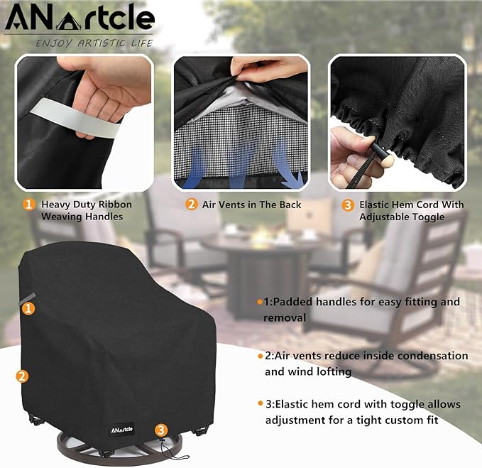 ANartcle Outdoor Swivel Lounge Chair Cover 2 Pack,600D Waterproof Heavy Duty Patio Chair Covers(35 W x 37 D x 38.5 H inches),Patio Swivel Chair Covers for Outdoor Furniture,Black.