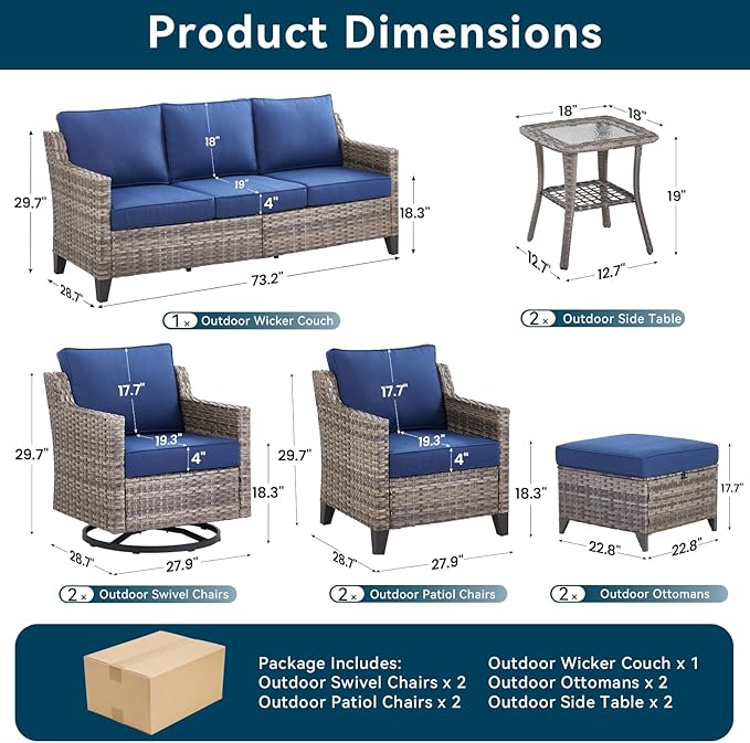 9 Piece Outdoor Patio Furniture Set-All Weather Outdoor Conversation Sets Sectional Sofa with Wicker Swivel Rocker Patio Chairs, Comfy Cushions Ottomans for Porch Balcony Patio Deck Grey/Blue