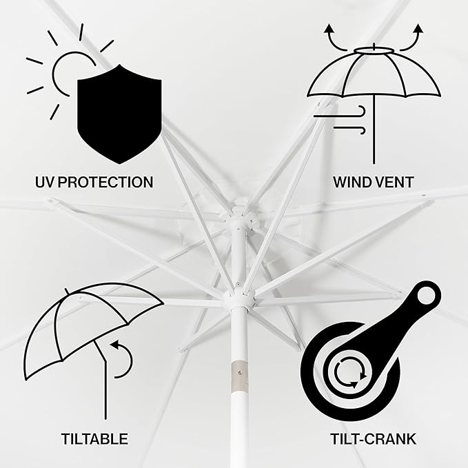 JONATHAN Y Baiona 9 ft. White/Green Outdoor Patio Umbrella with Crank Lift and Tilt, 8 Ribs UV-Resistant Market Table Umbrella with Square Trim for Pool, Deck, Coastal, White Pole UMB1000D