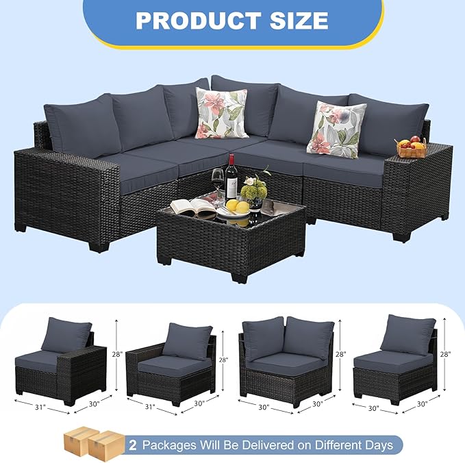 6 Pieces Patio Furniture Set, Outdoor Couch Sofa with Wider Armrests & Glass Coffee Table, Outdoor Sectional Furniture with Thick Cushions for Party, Poolside,Garden-Gray