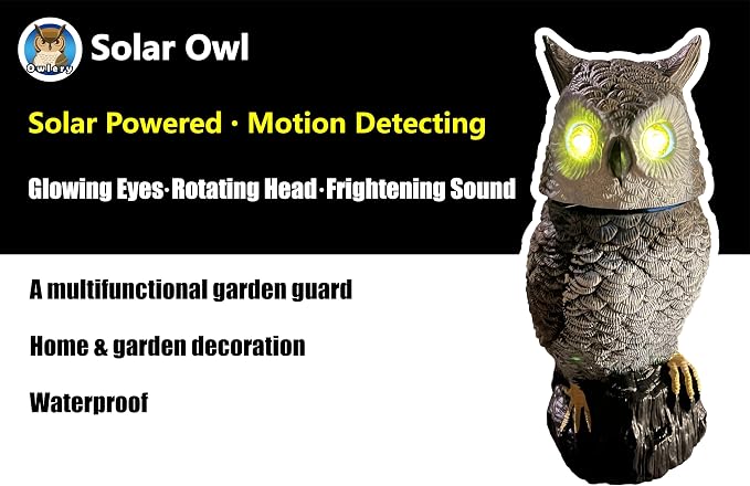 Brown Solar Owl with Motion Detector, Flashing Eyes, Spinning Head, Realistic Hooting and Silent Mode, Garden Owl, Outdoor Statue, Decoration for Home, Garden, Patio and Fence