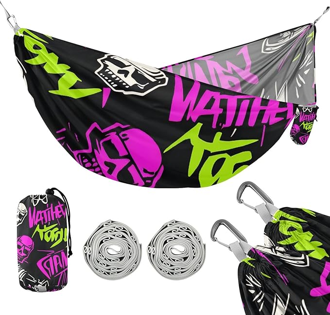 Punk Peach Black Skulls Rock 330lb Capacity Outdoor Hammocks with Tree Straps Hanging Hammock for Outside Patio Garden amacas para patios con Base de adultos