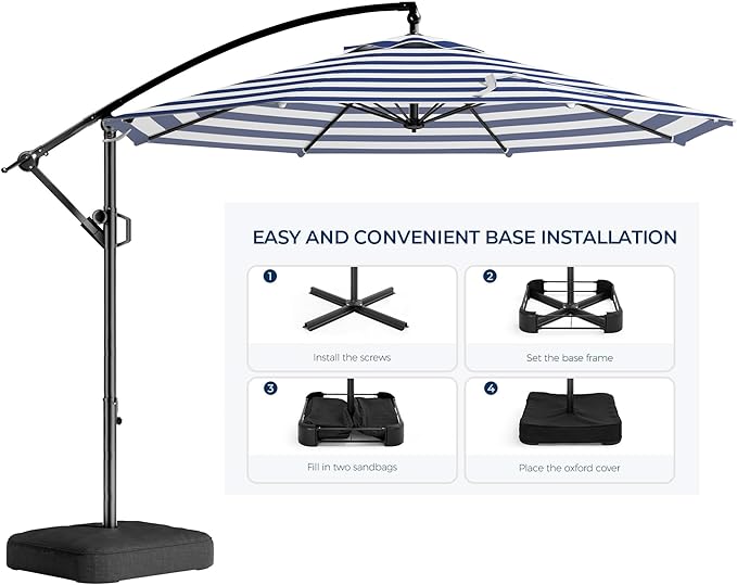 HOMSHADE 10ft Offset Patio Umbrella wIth Base, Cantilever Offset Hanging Patio Outdoor Market Umbrella UPF50+ UV Protection with Easy Tilt and Crank for Pool Deck and Garden(Navy Blue Stripes)