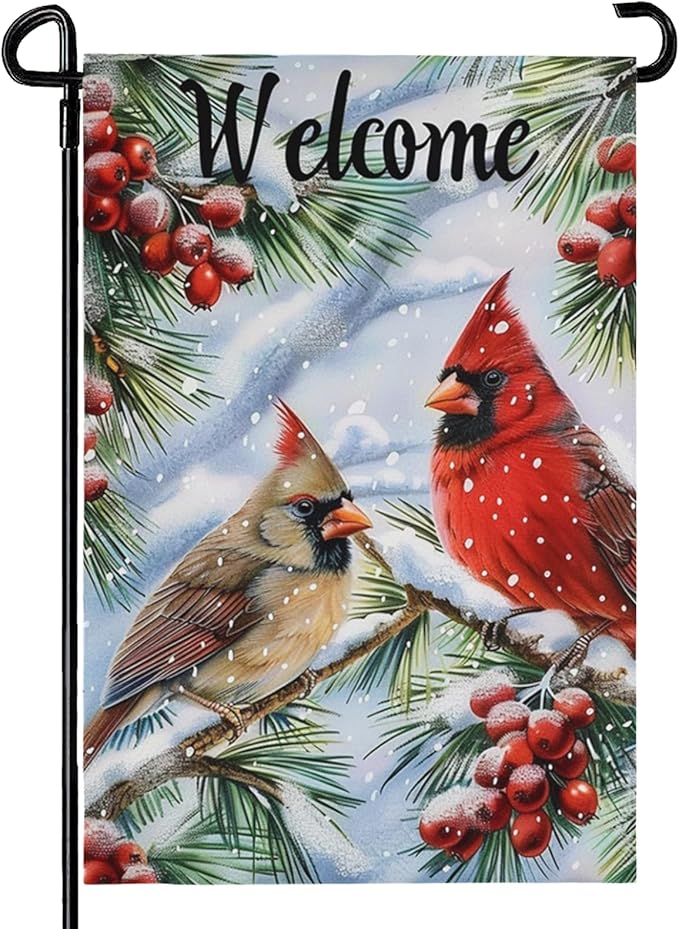 Winter Cardinal Garden FLag 12X18 IN Double Sided Welcome Winter Garden Flags for Xmas Holiday Farmhouse Yard Outside Decoration