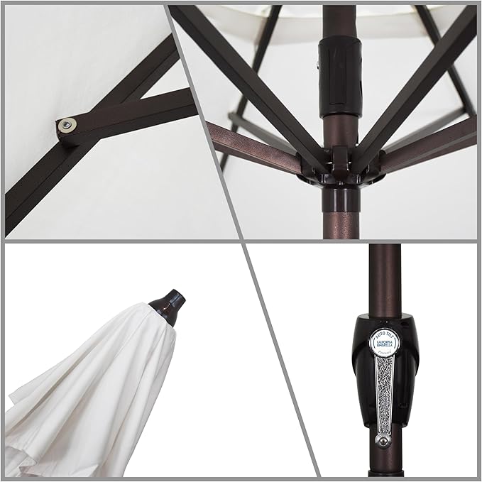 California Umbrella 9' Round Aluminum Outdoor Deck, Pool or Patio Umbrella, Crank Lift, Auto Tilt, Bronze Pole, White Olefin