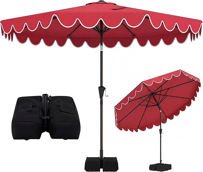Happygrill 10 FT Patio Umbrella with Weighted Base Included, Outdoor Market Umbrella w/Push Button Tilt & Crank, 8 Heavy-Duty Metal Ribs, Air Vent, Sunshade Canopy for Garden Deck Pool Backyard (Wine)