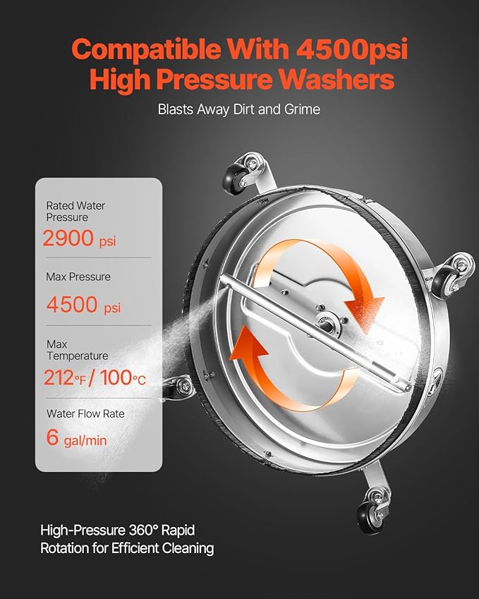 VEVOR 22" Pressure Washer Surface Cleaner, Stainless Steel Pressure Washer Attachments with 4 Wheels, 4500 Max PSI, 3/8 Quick Connector, 2 Spray Nozzles, Dual Handle, for Concrete, Patio, Sidewalk