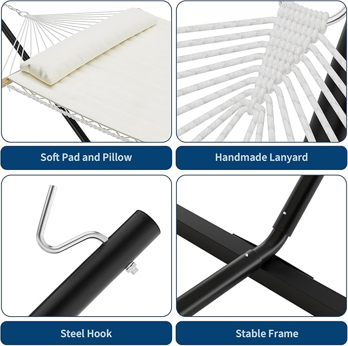 2 Person Double Hammock with Iron Frame Stand,475Lb Capacity,Portable Rope Hammock for Garden, Camping, and Relaxation, Beige