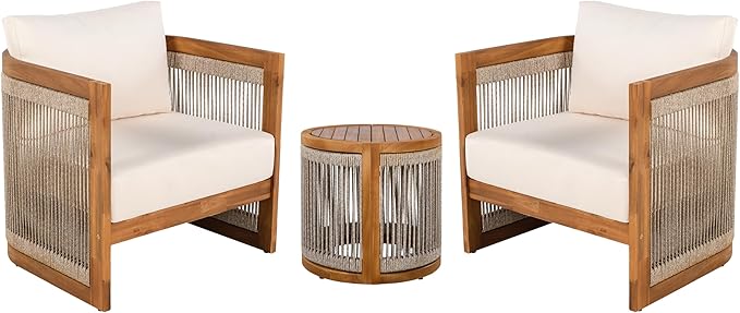 Christopher Knight Home Malphite 3 Pieces Conversation Set, Acacia Wood Chat Set, Round Coffee Table and Woven Rope Accent Chairs, Slat Design Patio Furniture Set for Backyard Garden, Beige + Teak