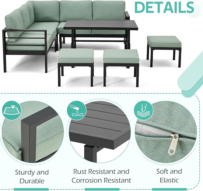 All Weather Aluminum Frame Patio Conversation Set, 7 Pieces Outdoor Patio Furniture, Patio Furniture Set, Outdoor Patio Set for Lawn, Garden, Balcony, Poolside, Conversation Set(Green)