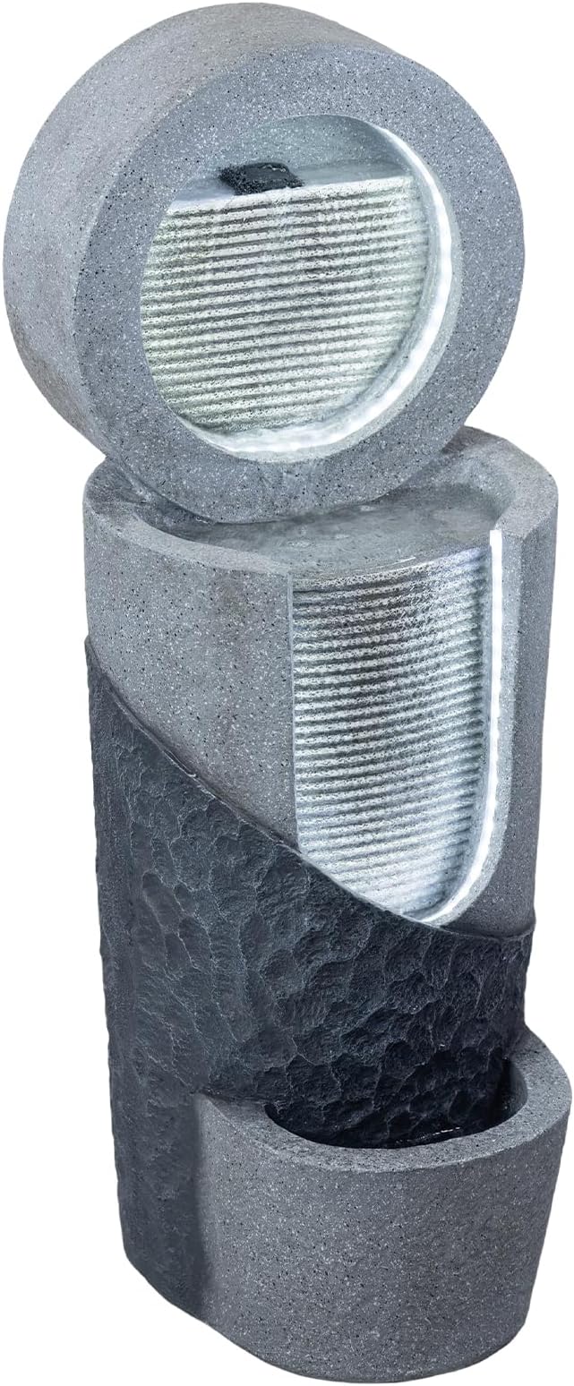 34 Inch Outdoor Water Fountain with LED Lights Modern Garden Waterfall Fountain for Patio Porch Backyard Lawn Decor Freestanding Resin Water Feature Indoor Outdoor Relaxing Waterfall