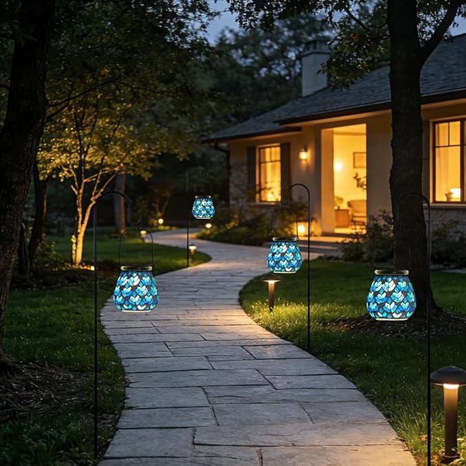 Stargarden 4 Pack Mosaic Solar Lanterns, Blue Glass Hanging Lantern Waterproof Outdoor Hanging Solar Lights Table Lamp for Garden ,Patio,Yard Decor