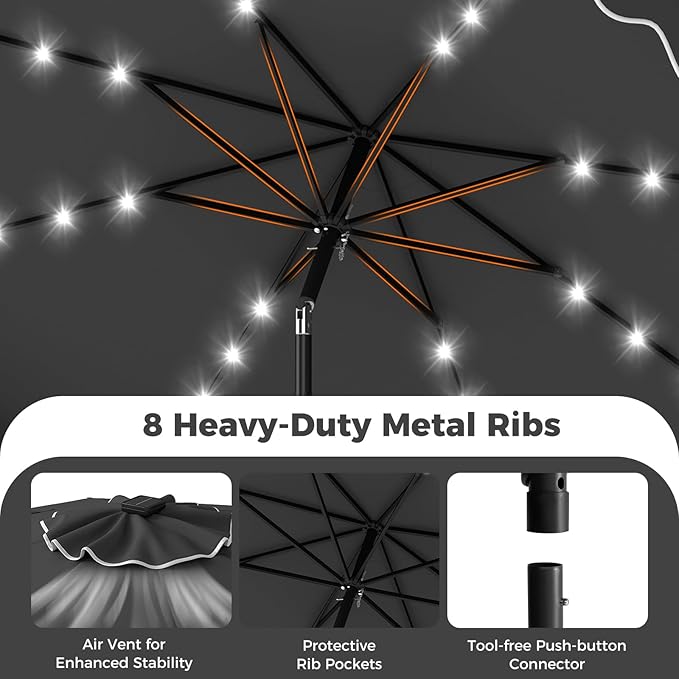 Tangkula 10 FT Solar Patio Umbrella with Base Included, 2-Tiers Outdoor Scalloped Table Umbrella with 32 LED Lights, 2 Sandbags, Tilt Adjustment, Crank, 8 Ribs for Market Backyard Pool Deck Beach Lawn (Gray, 10 FT)