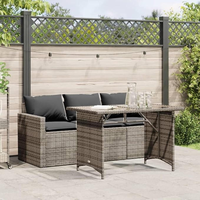 2 Piece Patio Dining Set with Cushions Gray Poly Rattan Outdoor Bistro Table and Chairs for Garden Backyard Deck