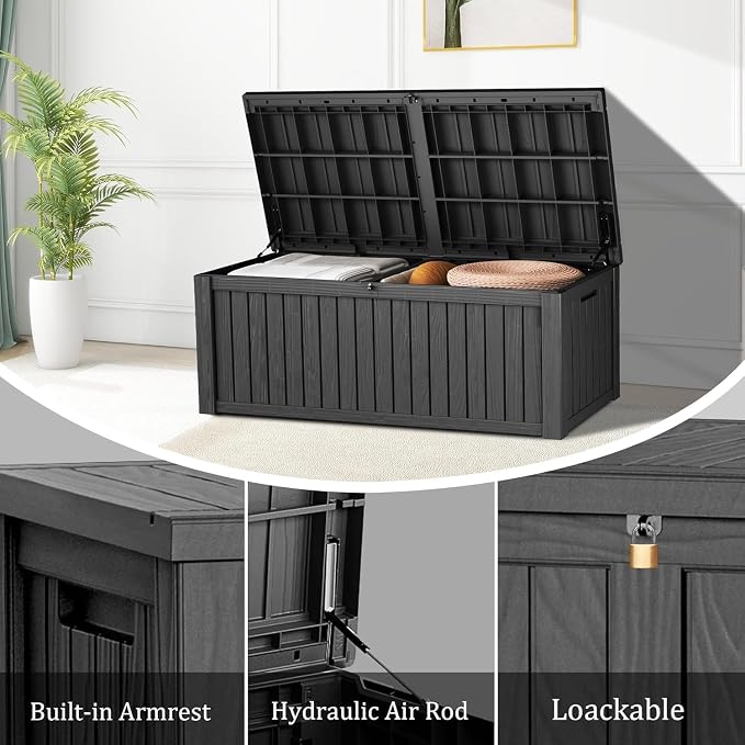 200 Gallon Outdoor Storage Deck Box, Large Storage Organizer for Patio Furniture Accessories, Garden Tools, Indoor Storage for Cushion, Black