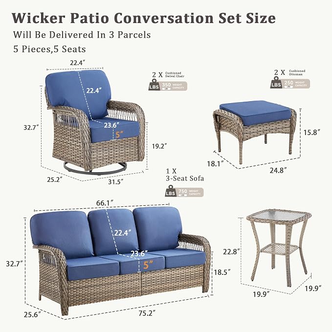 6 PCS Patio Furniture Set Outdoor Sectional Sofa Couch with Rocking Swivel Chairs 5" Deep Seat Chairs, Modern Wicker Rattan Conversation Set, Blue/Gray Wicker