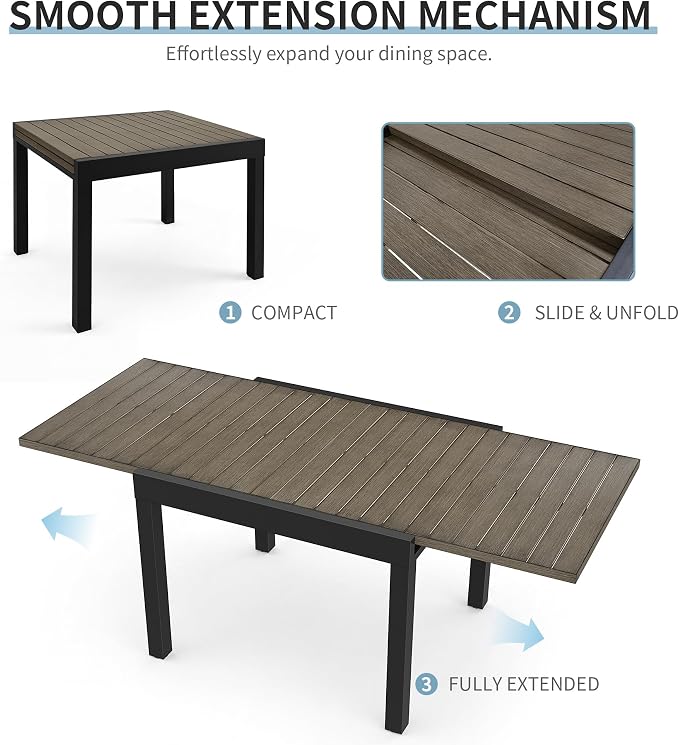 Expandable Patio Dining Table for 4-8 Person, Aluminum Extendable Outdoor Table, 38"-77" Adjustable Patio Table, Square/Rectangular Outdoor Accent Table for Garden, Backyard, Poolside, Gray