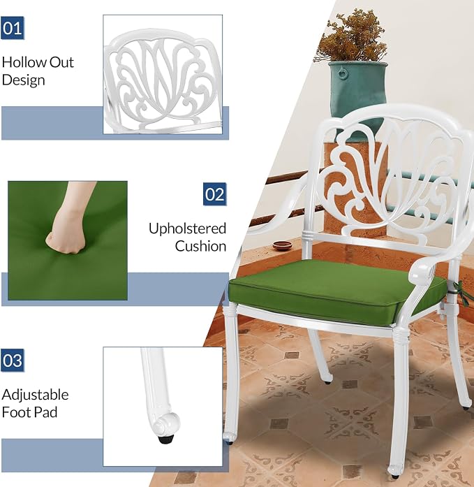 5-Piece Outdoor Patio Dining Set, All-Weather Cast Aluminum Patio Table Set, Include 4 Cushioned Chairs and a 35.4 inch Round Table w/Umbrella Hole for Balcony Garden Backyard, Green