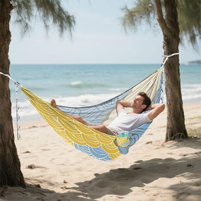 Blue and Gold Japanese Waves and Clouds 330lb Capacity Outdoor Hammocks Swing Hammock for Outside Beach Patio Garden hamacas para Patio