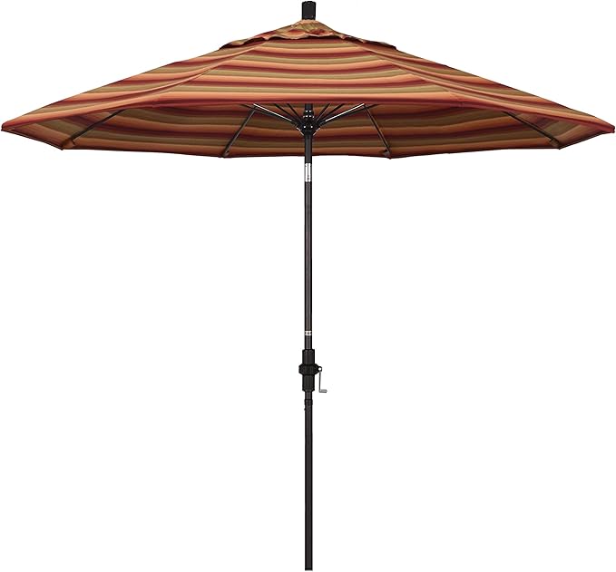 California Umbrella 9' Round Crank Lift, Collar Tilt, Aluminum Pole, Fiberglass Rib Patio Umbrella, Bronze Finish, Sunbrella Astoria Sunset
