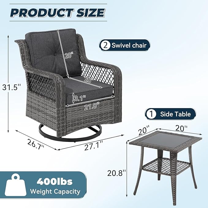 3 Pieces Patio Swivel Chairs, Wicker Patio Conversation Sets with Rocking Chair, Side Table for Outdoor Garden Porch Backyard(Dark Grey)