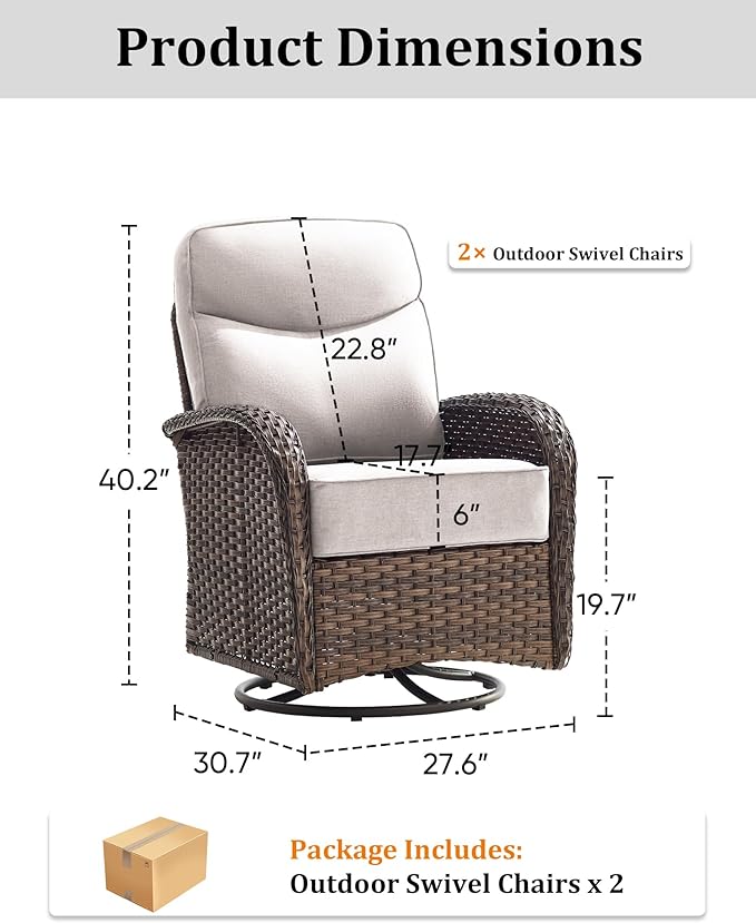 2-Piece Luxury Patio Conversation Set with 6-Inch Thick Cushions, High-Back Outdoor Swivel Rocking Chairs & Side Table, All-Weather Furniture Set for Porch, Deck, Balcony or Backyard – Beige