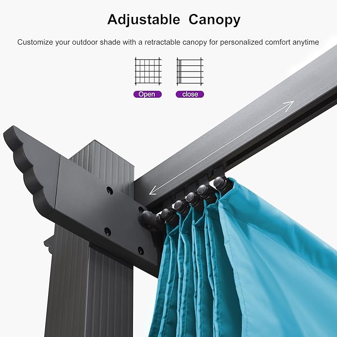 PURPLE LEAF 10' X 10' Outdoor Retractable Pergola with Sun Shade Canopy Patio Metal Shelter for Garden Porch Beach Pavilion Grill Gazebo Modern Yard Grape Trellis Pergola, Turquoise Blue