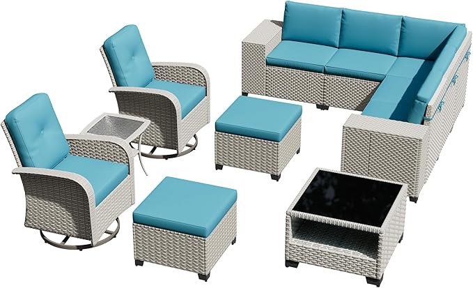 11-Piece Outdoor Patio Furniture Set, Modular Sectional Sofa Set with Swivel Rocker Chairs & Ottomans, Wicker Outdoor Couch Conversation Sets w/Coffee Table and Cushions, Turquoise