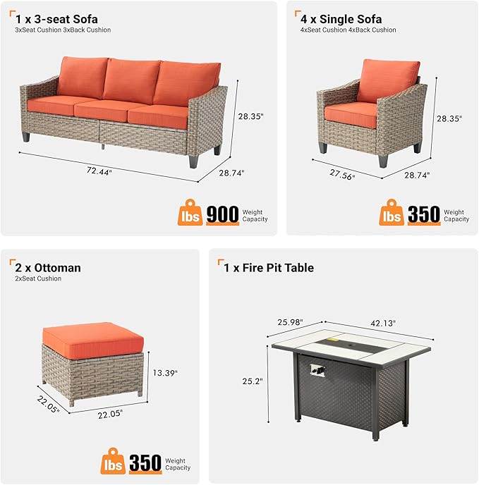 6 PCS Outdoor Patio Furniture 42in Set with Fire Pit Table, All-Weather Rattan Wicker Conversation Group with Deep Seating, Armchairs & Ottoman, High Back Comfort for Porch, Backyard, Orange