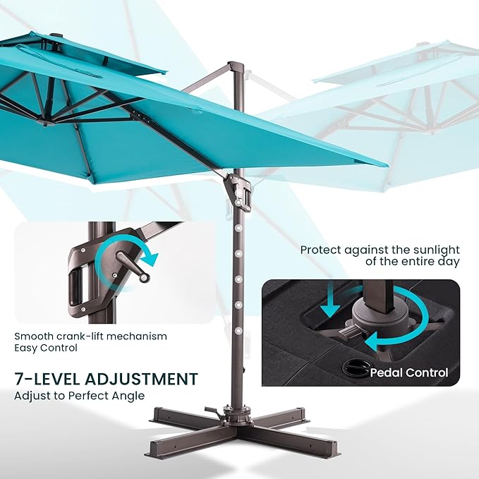 10x10 FT Cantilever Patio Umbrella Double Top Outdoor Square Large Heavy Duty Aluminum Offset Umbrellas with 7 Level Tilt 360-degree Rotation for Pool Garden Deck, Turquoise