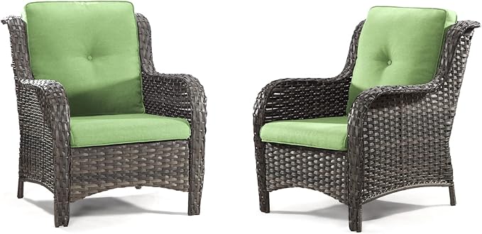 Outdoor Wicker Chair Rattan Patio Dining Chairs Set of 2 PE Wicker Patio Chairs with 3.5 inch Seat Cushions Outdoor Patio Seating Chair for Garden, Backyard Swimming Pool, Balcony, Green