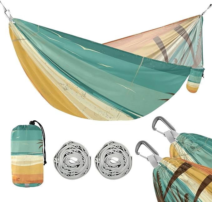 Retro Beach Scene Camping Hammock, Portable Lightweight Single Hammock with Tree Straps and Aluminum Carabiners, 114" x 54" Travel Hammock for Hiking Backpacking Beach