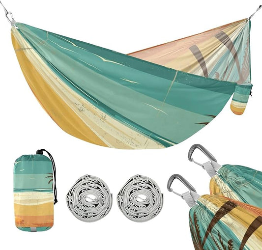 Retro Beach Scene Camping Hammock, Portable Lightweight Single Hammock with Tree Straps and Aluminum Carabiners, 114" x 54" Travel Hammock for Hiking Backpacking Beach