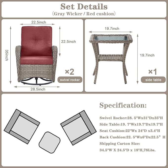 Belord Swivel Patio Chairs Wicker Set - Outdoor Swivel Rocker Chair with Side Table, 3 Piece Patio Glider Chairs Furniture Set with Water-Resistant Cushions for Deck Porch Sunroom