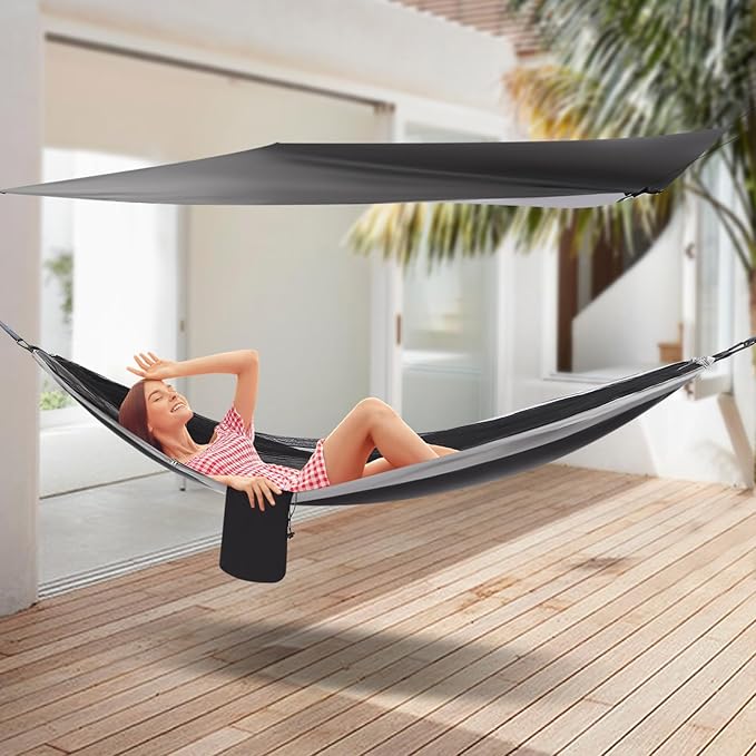 9.5x4.5ft Camping Hammock, Portable Outdoor Hammock Tent with Mosquito Net and Rain Fly Tarp, Backpacking Hammock for Hiking, Outside, Patio, Travel (Black and Grey)